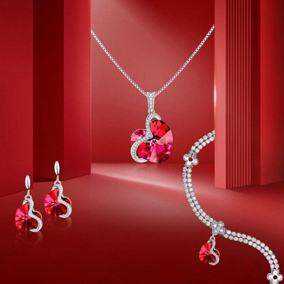 Blissful Heart Ruby CZ Jewelry Set 18K White Gold Plated Gift for Women - Picture 7 of 7